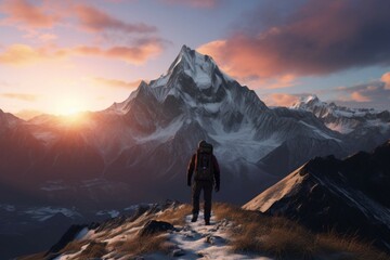 Fototapeta premium A person walking in a mountain with a backpack