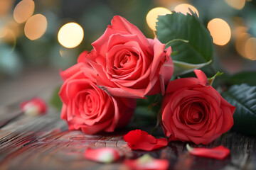 Two Red Roses on Wooden Table