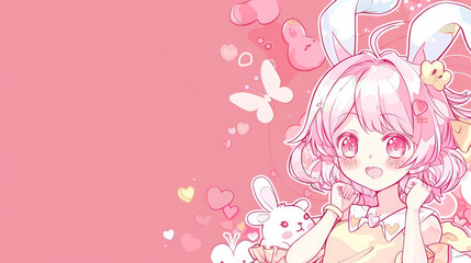 Whimsical Anime Girl with Cute Bunny in a Dreamy Pink Wonderland