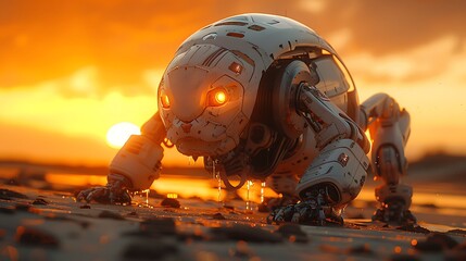 Against the backdrop of a setting sun, a robotic cat companion strolls along a sandy beach
