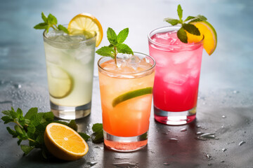 Refreshing summer cocktails on the table with lime, grapefruit and pineapple and fresh mint
