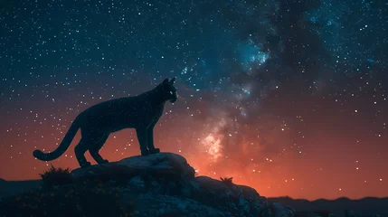 Fotobehang Against the backdrop of a star-studded sky, a realistic robotic cat companion stands sentinel on a rocky  © Rana