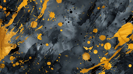 An abstract fluid ink background with mustard yellow and charcoal gray splashes, evoking the rustic charm of an autumn landscape. The warm and cool tones together reflect the changing seasons. - obrazy, fototapety, plakaty
