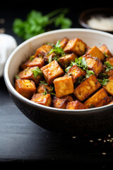 Crispy roasted tofu in a bowl topped with green herbs, roasted in the oven or fried in a skillet
