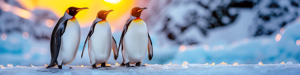 three of emperor penguins in winter on snow in Arctic at sunset. Landscape panorama of wild nature