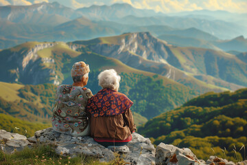 two elderly women sitting on a mountainside, back view of old ladies relaxing in the fresh air, family values concept - obrazy, fototapety, plakaty