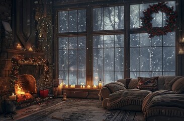 A large windowed room with floor to ceiling windows, a cozy bed and sofa in the center surrounded by candles and lanterns, a fireplace burning on one side