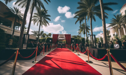 Fototapeta premium A private billionaires party with red carpet welcoming entrance for be part of an exclusive membership