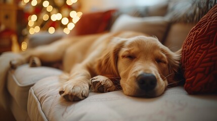 Close-up of dog sleeping on cozy sofa at home, The dog is resting on the sofa, generative ai
