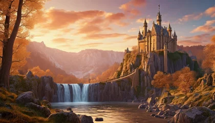 Tuinposter magic fairy tale landscape with castle and waterfall 3d rendering © Raegan