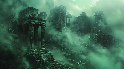 Amidst a sea of swirling mist, the ruins of an ancient temple emerge like specters from the past. 