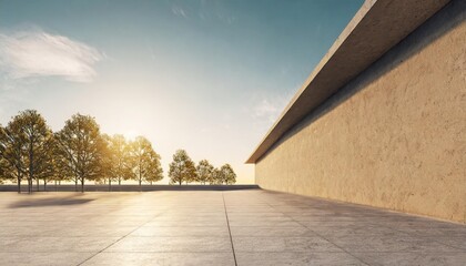 abstract background of empty concrete wall and floor with trees modern sunlight and blue sky scene 3d rendering