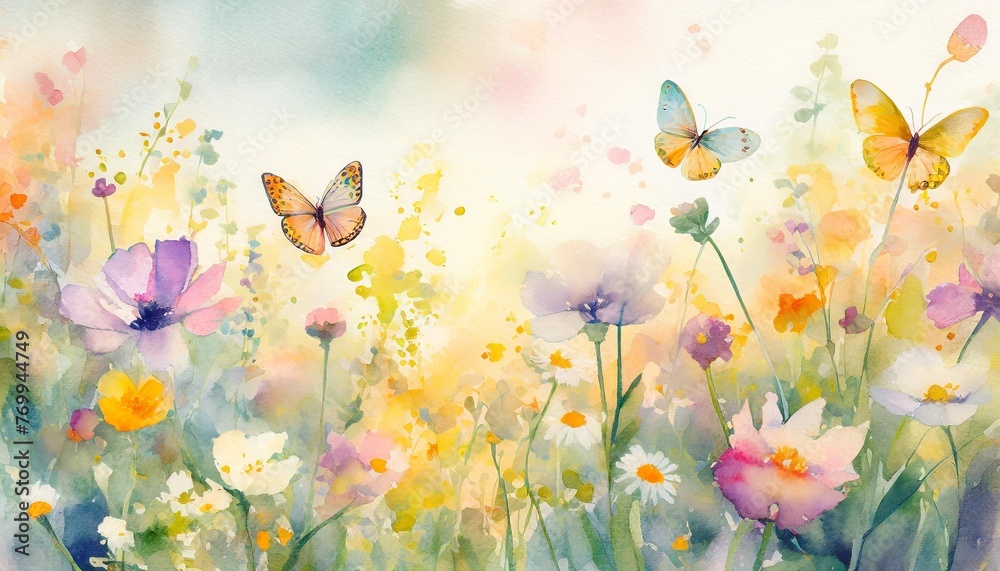 Wall mural watercolor painting of a spring meadow full of blooming flowers and butterflies spring aquarelle wallpaper floral background - Wall murals