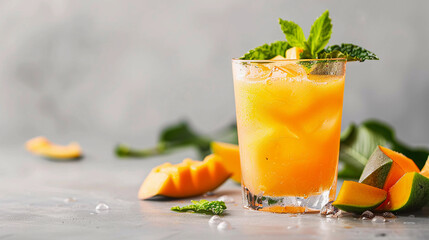 Fruit cocktail in a glass and a slice of papaya and mango with mint. Summer fresh drink of mango, papaya, pineapple and juice on a light grey blur background with copy space