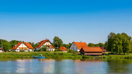 Naklejka na ściany i meble Idyllic view of village at by Staffelsee lake at Seehausen against clear blue sky, Germany