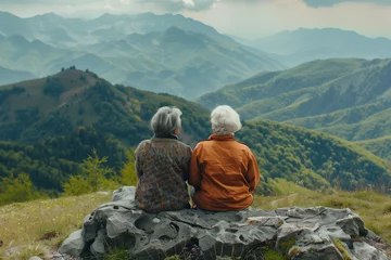 Gordijnen two elderly women sitting on a mountainside, back view of old ladies relaxing in the fresh air, family values concept © Анастасия Гайкова