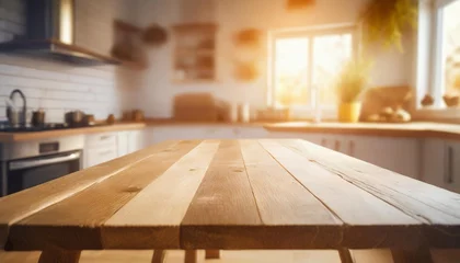 Poster the simplicity of an empty wooden table in a kitchen with a background softly blurred to emphasize the rustic charm and potential for culinary delights © Raegan