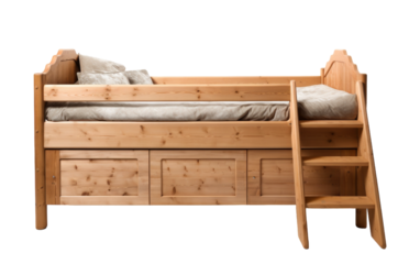 A stylish wooden bunk bed with built-in drawers underneath, perfect for maximizing storage space in a small room