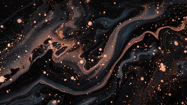 An image showcasing a liquid abstract marble painting background, where a rich, matte black base is beautifully contrasted with fine rose gold glitter 