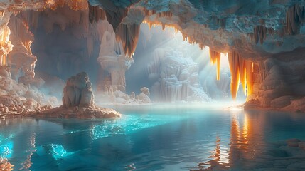 Amidst towering crystal formations, a serene pond reflects the iridescent glow of a nearby cavern. - Powered by Adobe