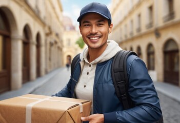 A smiling man with a backpack holds a cardboard box in an urban setting, likely making a delivery.
