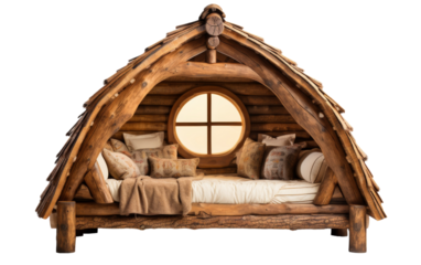 A cozy bed constructed from intertwined logs, positioned under a rustic window