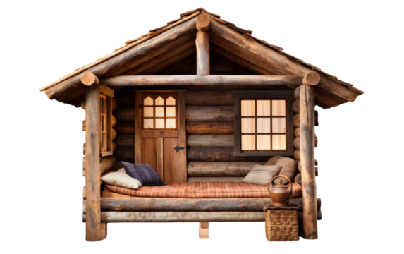 A rustic log cabin bed with a pile of fluffy pillows, creating a cozy and inviting atmosphere