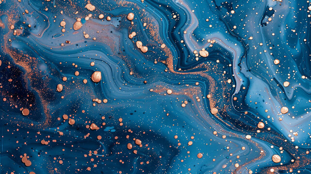 An ultra high-definition image of a liquid abstract marble painting background, featuring a vibrant azure blue base interspersed with rose gold glitter