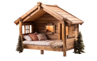 A wooden bed features a miniature house perched on top, creating a whimsical scene