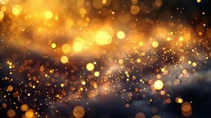 A calm scene where soft, golden yellow particles fill the air, each light a tiny sun against the dark void. The bokeh effect creates a sense of peace and warmth, enveloping the viewer in its glow. - obrazy, fototapety, plakaty