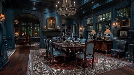An elegant dining room, characterized by a polished walnut table surrounded by upholstered chairs. - obrazy, fototapety, plakaty