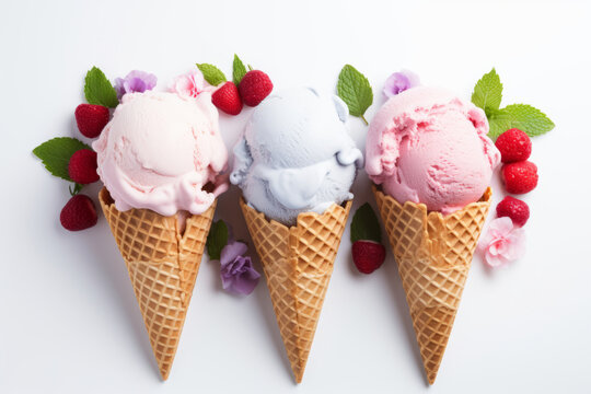 Variety of ice cream scoops fruit flavors in waffle cones against pure white background overhead view