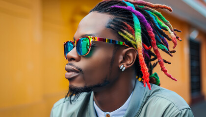 Stylish African american Man with Rainbow Dreadlocks and Sunglasses on Urban Background
