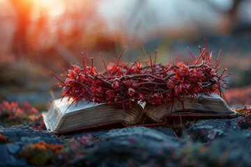 Crown of thorns with small red flowers blooming on a religious book. religious concept - obrazy, fototapety, plakaty