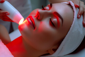 Beauty close up Facial Treatment with LED Light Therapy on Woman's Face