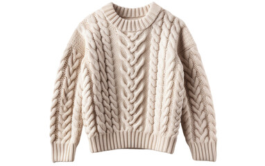 A white cable knit sweater stands gracefully on a white background