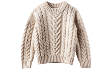 A white cable knit sweater stands gracefully on a white background