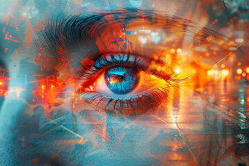 double exposure of a Blue Eye Blending into Urban Night blue and orange Lights