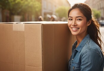 A woman smiles as she carries cardboard boxes, possibly moving into a new place or organizing storage. - obrazy, fototapety, plakaty