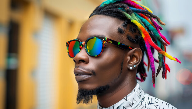 Urban Chic African Man with Colorful Dreadlocks Wearing Funky Sunglasses on urban blurred background