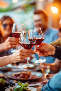 vertical image of Friends Toasting with Red Wine at Dinner Party, Celebrating Together