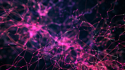 A complex, glowing network of pink and purple lines against a dark, cosmic black background. The network forms a delicate balance, suggesting the fragile yet powerful nature of global connectivity. - obrazy, fototapety, plakaty