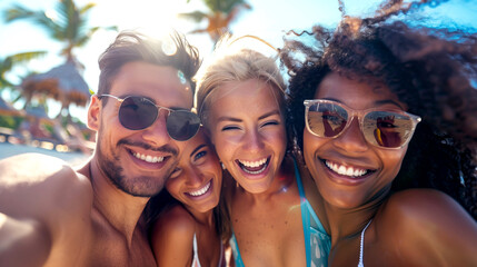 Happy group of Young multiracial friends Sharing Laughter While Taking a Selfie on a Beach Holiday resort