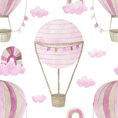 Watercolor baby seamless pattern with hot air balloon,  clouds and rainbow. Hand drawn cute  illustration on white background