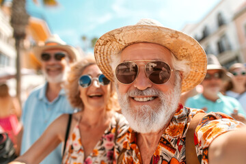 close up of joyful Senior Tourists Taking a Group Selfie on summer holidays