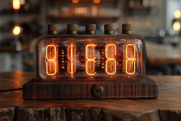 Cathode tube clock in a wooden case with time correction elements. - obrazy, fototapety, plakaty