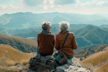 Keuken spatwand met foto two elderly women sitting on a mountainside, back view of old ladies relaxing in the fresh air, family values concept © Анастасия Гайкова