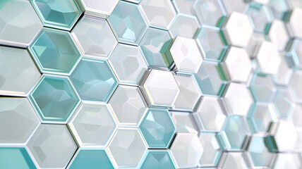 A crystalline digital hexagon background, with hexagons in translucent shades of ice blue, white, and silver, resembling frozen, crystalline structures. - obrazy, fototapety, plakaty
