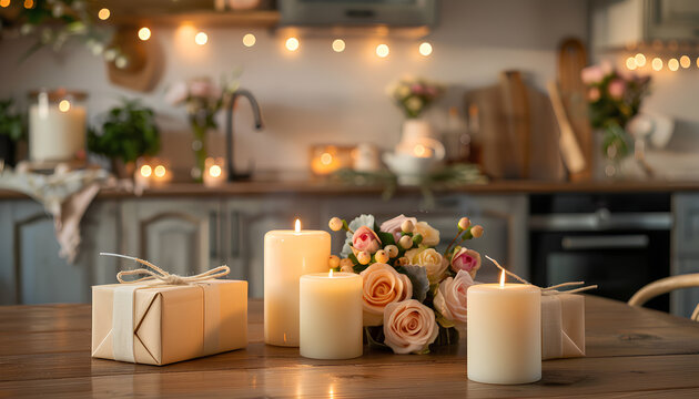 Burning candles, gift boxes and bouquet of roses on wooden table in kitchen, closeup