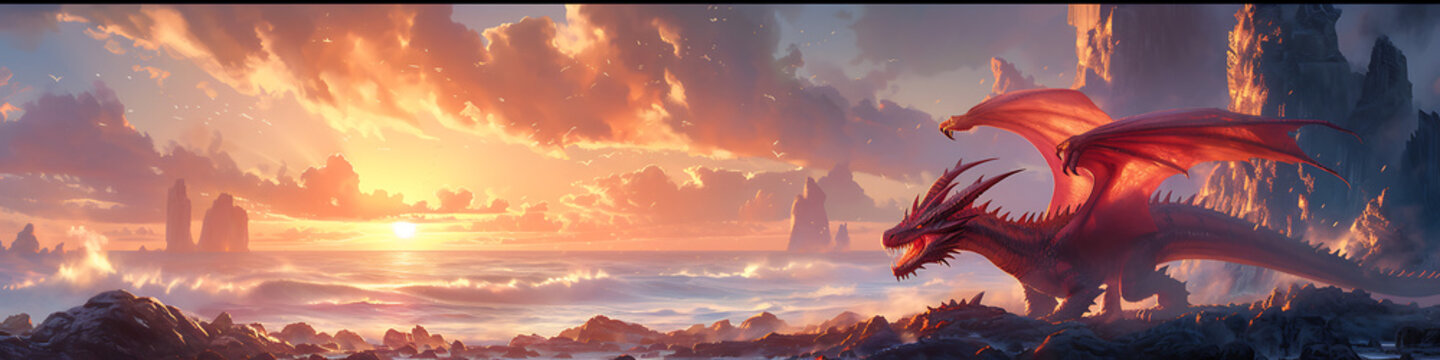 Wide picture of a dragon on coast.